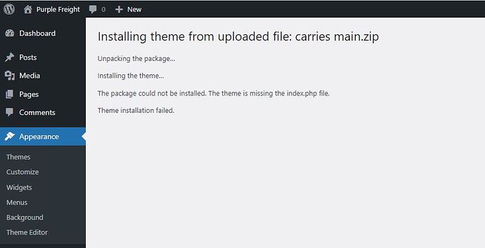 unable to install Carries template in wordpress